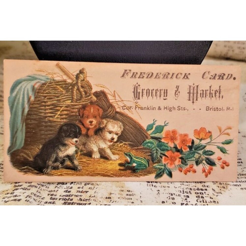 Small Vintage Victorian Trade Card Frederick Card Grocery & Market w/ cute pups